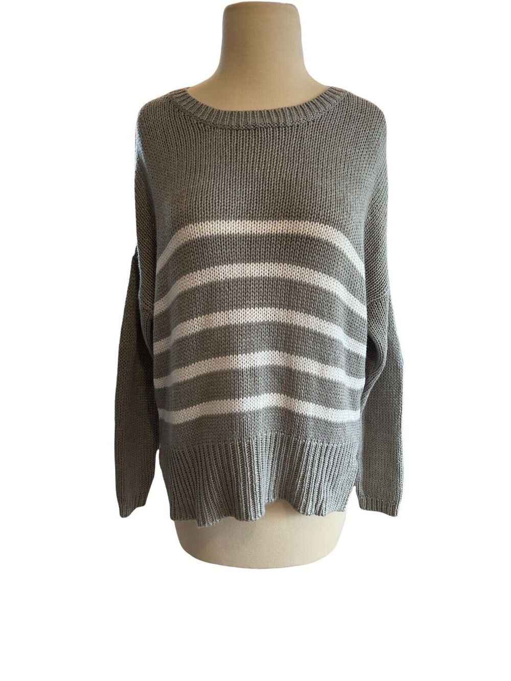 M Ayla Gray and White Striped Knit Sweater Elbow Patch